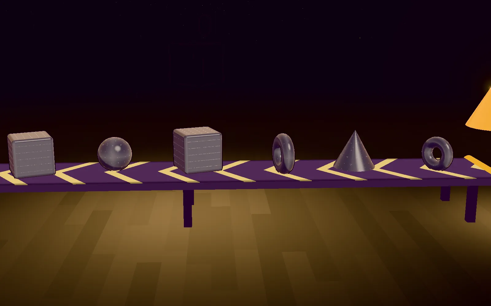 A conveyor of grey prototype shapes; most fall away, one rises in gold light.