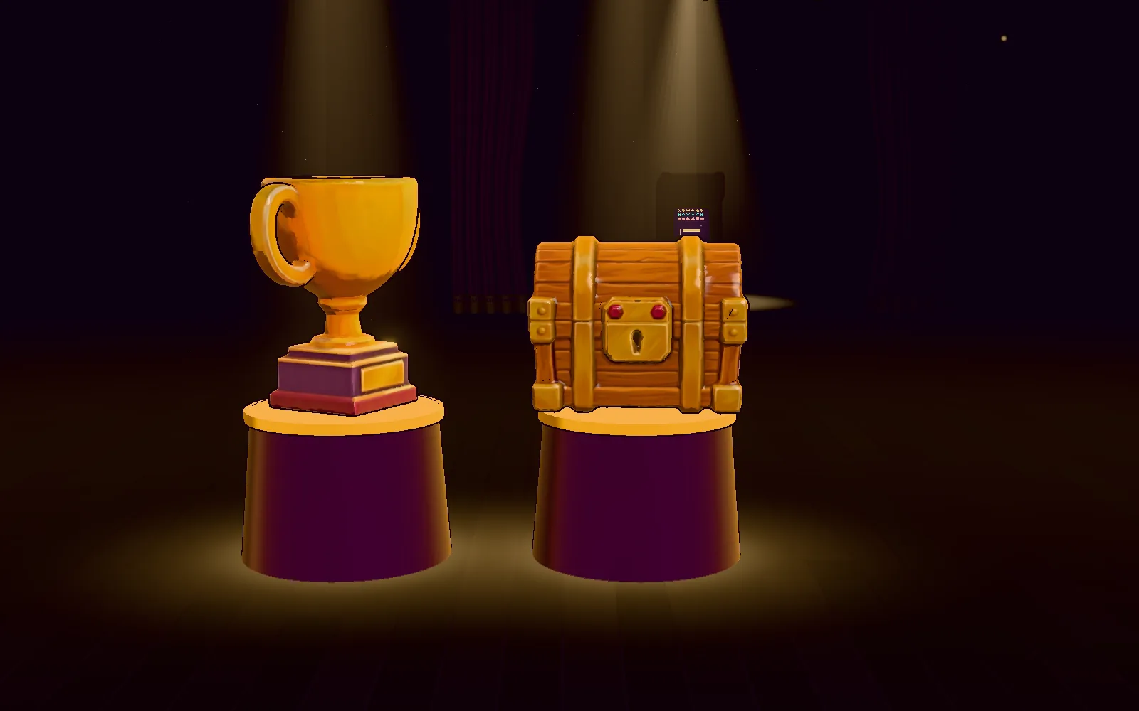 A gold trophy and a treasure chest on spotlit pedestals.