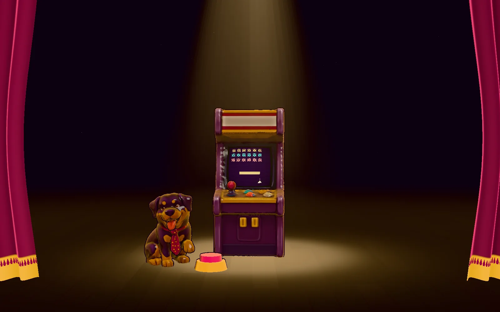 The arcade cabinet's glowing screen as the velvet curtains close.